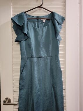 LOFT Teal Blue Ruffle-Sleeve Midi Dress
